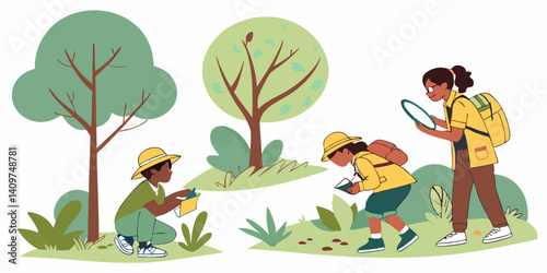 Children Exploring Nature Plants Trees with Magnifying Glass Backpacks Cartoon Illustration