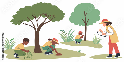 Children's Outdoor Science Learning with Teacher and Clipboard