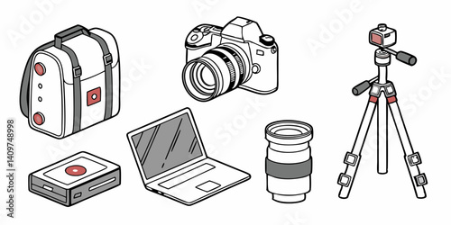 Isometric Line Art Photography Gear: DSLR Camera, Lens, Tripod, Laptop, Hard Drive, Camera Bag