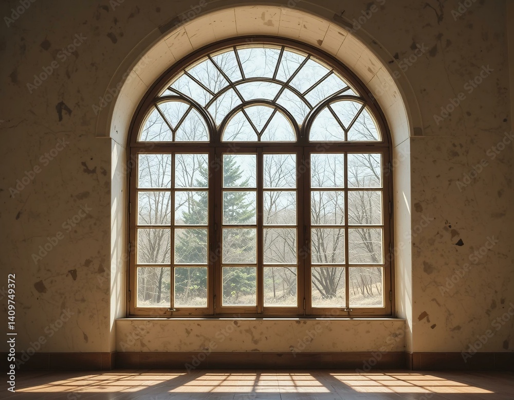 Fototapeta premium Arched window casting shadow on floor.