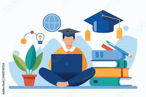 Student Learning Online Graduation Laptop With Books And Mortarboard Flat Illustration