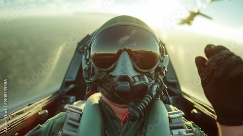 Intense close-up of a military pilot in a green flight suit with a helmet and oxygen mask, ready for an air mission with focused determination.