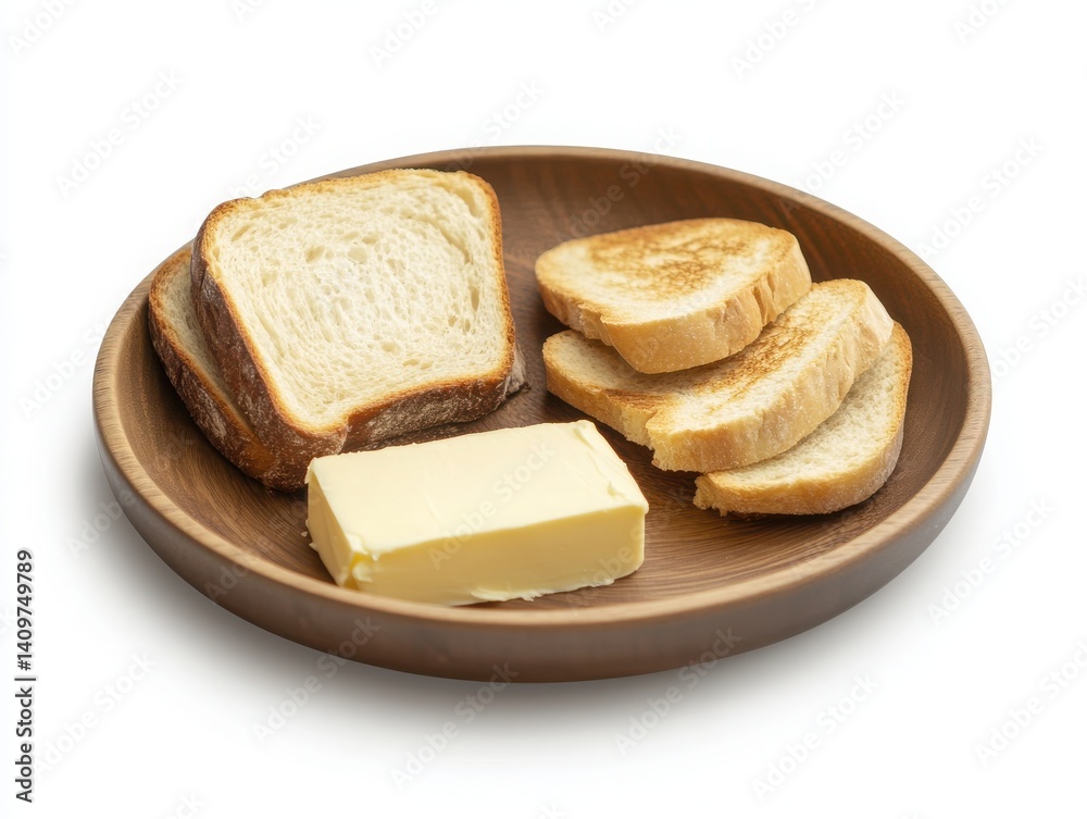 Mini bread plate, butter, toast, white background Mini bread plate, butter, toast, white background