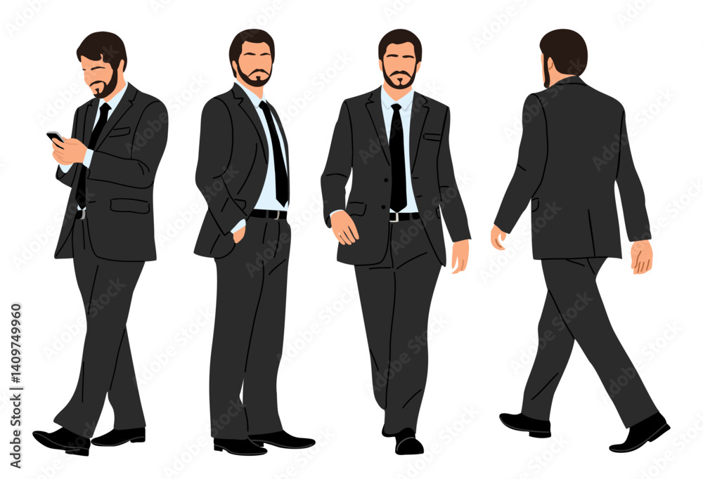 Businessman character in different poses. Handsome business man in formal suit standing, walking, front, back, side view, using phone. Vector flat illustration set isolated on transparent background. Businessman character in different poses. Handsome business man in formal suit standing, walking, front, back, side view, using phone. Vector flat illustration set isolated on transparent background.