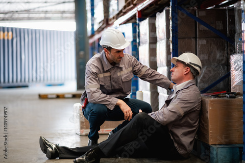 Obraz na płótnie friend came to comfort a friend who was tired and discouraged from working in a warehouse. w salonie