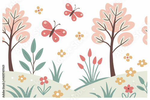 Whimsical Spring Landscape With Trees Butterflies And Flowers Vector Illustration