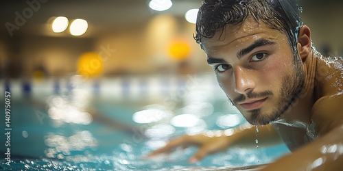 A man is in a pool and his face is wet
