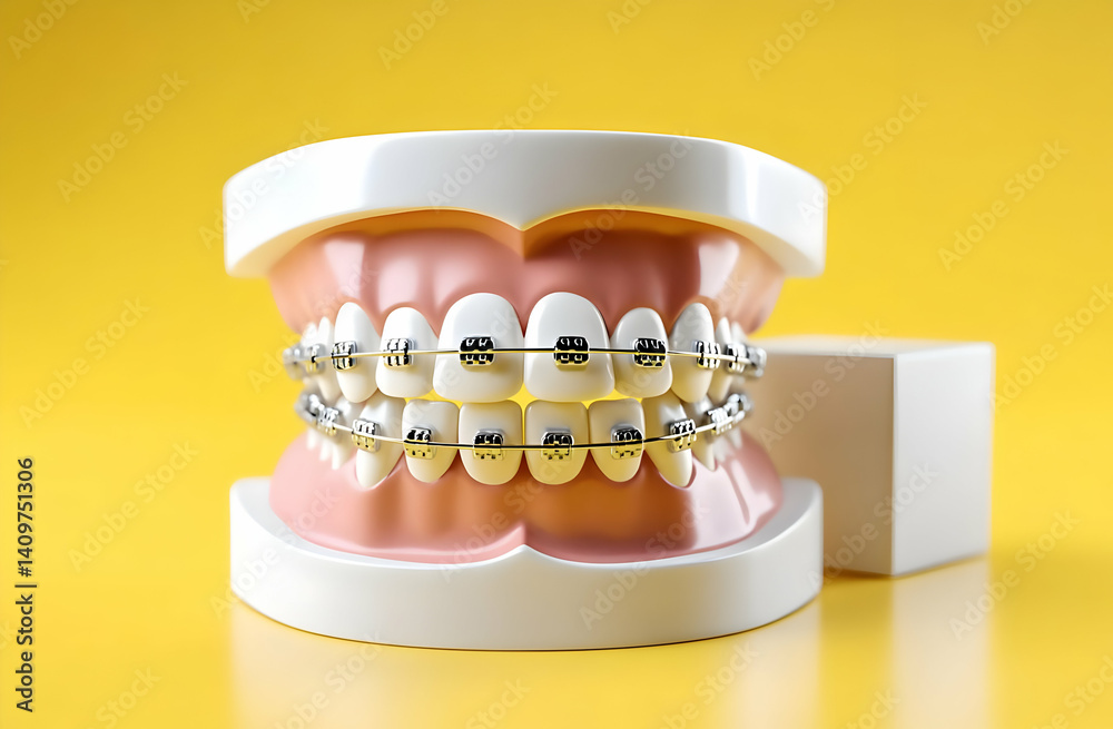 An educational model of teeth with braces, showcasing dental anatomy. Perfect for dental health awareness, orthodontics, and teaching materials. An educational model of teeth with braces, showcasing dental anatomy. Perfect for dental health awareness, orthodontics, and teaching materials.