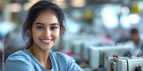 A woman is smiling in front of a sewing machine