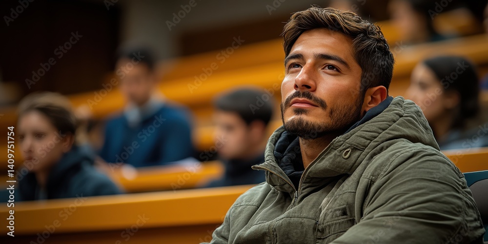 A man with a beard and a casual clothing is sitting in a classroom