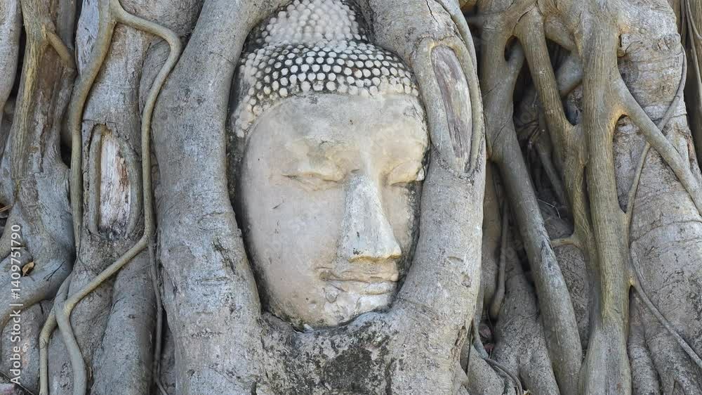 Buddha head in the tree roots in Ayutthaya historical park Wat Mahathat temple, Thailand, Asia. Travel and tourism destination. Ancient architectural and cultural heritage. 
