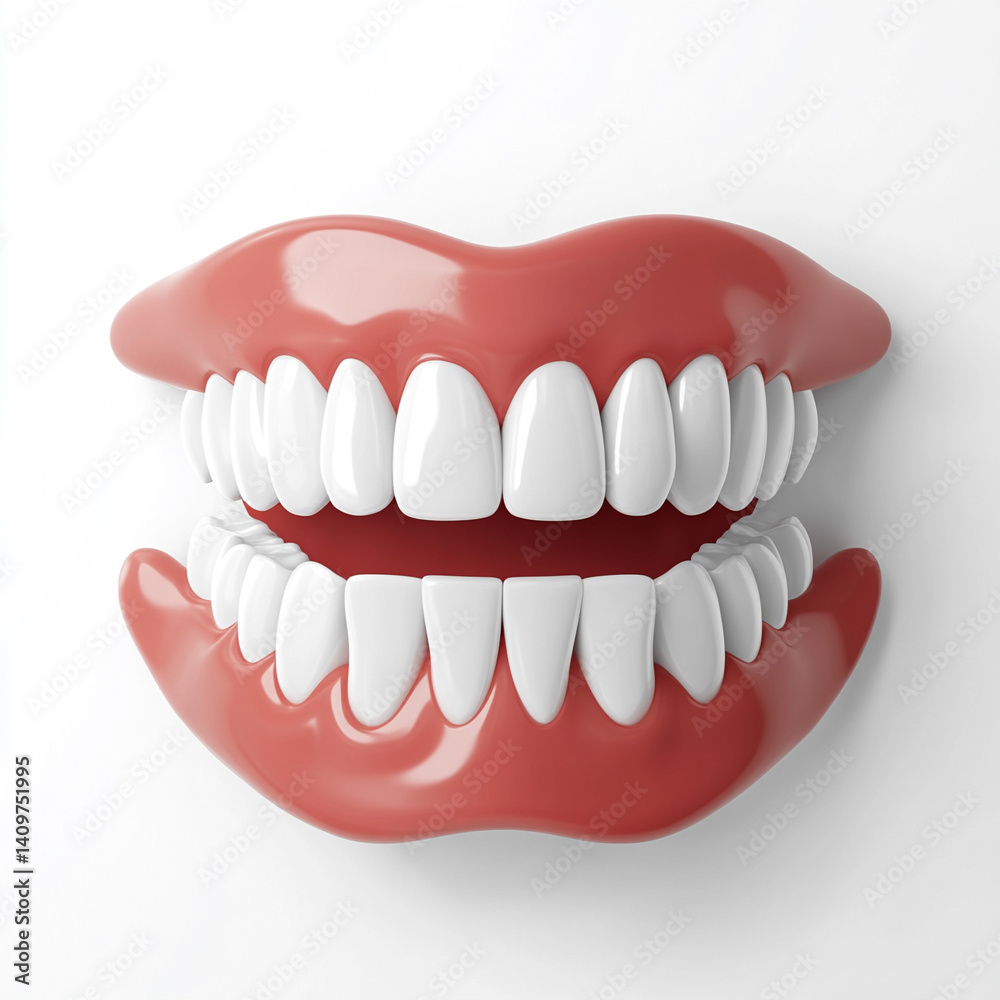 Obraz premium 3D rendered model of a wide-open human mouth with clean white teeth and gums, isolated on a white background, showcasing dental health and oral hygiene.