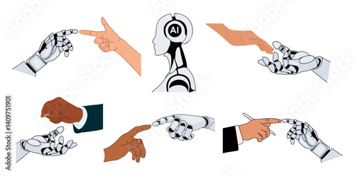 Set of colored outline sketch drawings of modern automatization technology, robots, robotic arms, bots. Artificial intelligence support for industry concept. Vector hand drawn illustrations isolated.