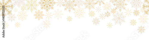 Abstract Christmas background with gold snowflakes border. Winter golden snowflakes different shapes. Luxury Xmas Overlay, banner, cover, template. Vector Realistic illustration on white background. 