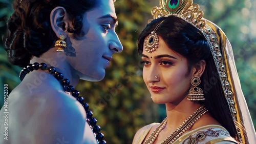 Krishna radha in krishna radha. A man and a girl indian girl with a genie. A blurred background of greenery and trees. Krishna and radha in the context of krishna and radha lifestyle.