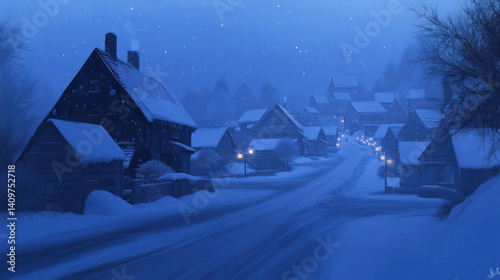 Fototapeta Naklejka Na Ścianę i Meble -  small village during peaceful snowfall, streets empty and serene, creating tranquil atmosphere