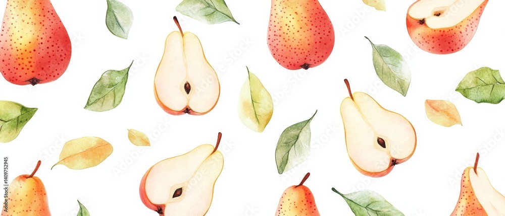 A watercolor painting of pears and leaves