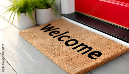 A cozy welcome mat lies at a bright red door, inviting guests to step inside. This charming entryway exudes warmth and hospitality.
