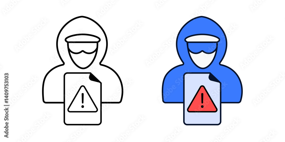 Hacker stealing file icon. Logged-in user in disguise with warning file, shown in outline and color versions. Ideal for cybersecurity or data breach concepts. Hacker stealing file icon. Logged-in user in disguise with warning file, shown in outline and color versions. Ideal for cybersecurity or data breach concepts.