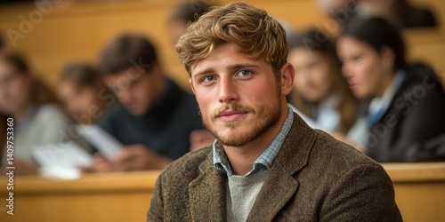 A man with a beard and a brown jacket sits in a classroom