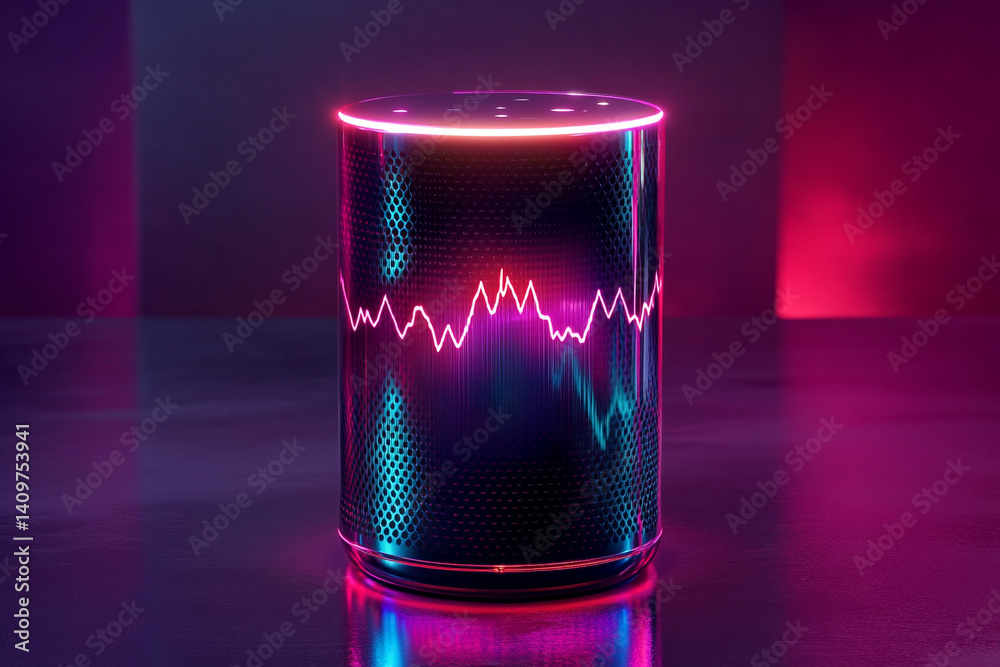 Smart speaker glowing vibrant pink and blue displaying sound waves futuristic technology Smart speaker glowing vibrant pink and blue displaying sound waves futuristic technology