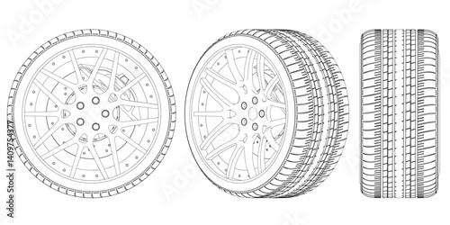 Wireframe of three views of a high-performance car wheel. The design emphasizes precision, aerodynamics, and engineering detail.