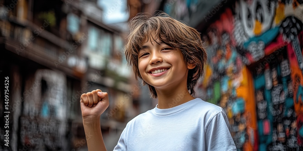 A young boy is standing with his arms raised in the air, smiling
