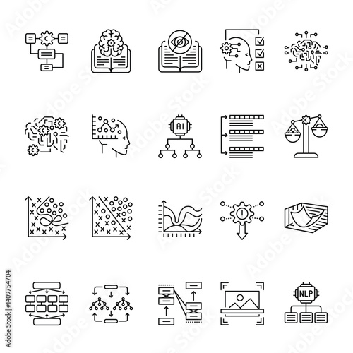 Machine Learning black line icons set for digital and print projects.