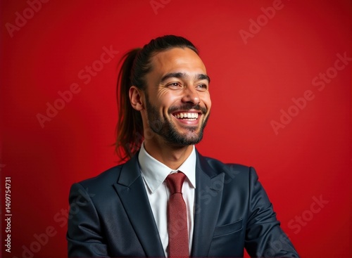 Wallpaper Mural A man with tan skin and a ponytail, wearing a business suit, expressing happiness, standing in front of a red background, studio lighting, realistic photo. Mockup. Torontodigital.ca