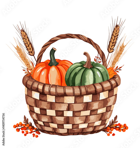 A basket of pumpkins and wheat grain. The basket is brown and woven. The pumpkins are orange and green. Thanksgiving composition