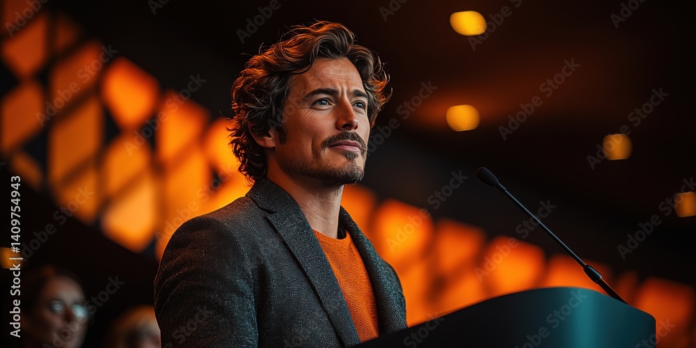 A man stands in front of a microphone, wearing a suit and an orange sweater