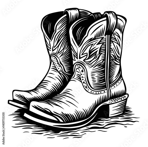 Detailed Woodcut Illustration of Classic Cowboy Boots on Floor