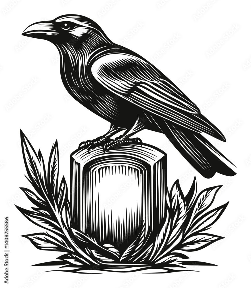 Obraz premium Black Raven on Stone with Leaves in Woodcut Style Artwork