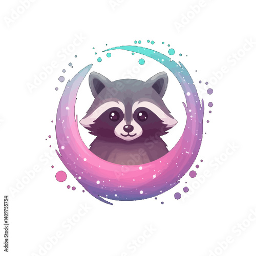 Cute Raccoon in the Galaxy Moon - Watercolor Illustration