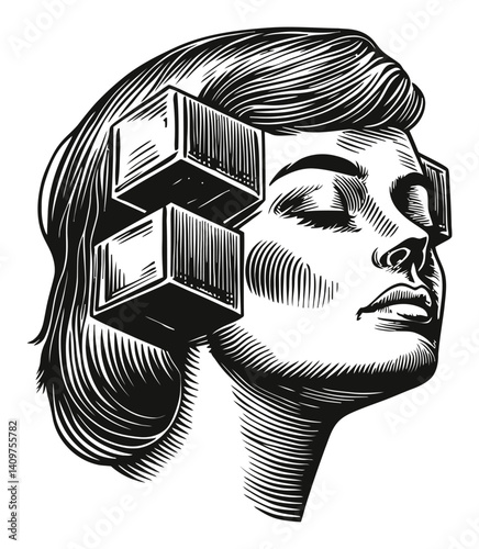 Vintage Woodcut Style Illustration of a Woman with Hair Rollers