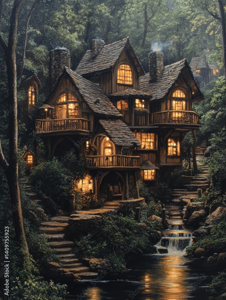 Obraz premium A multi-story house with lights surrounded by lush green trees and water.