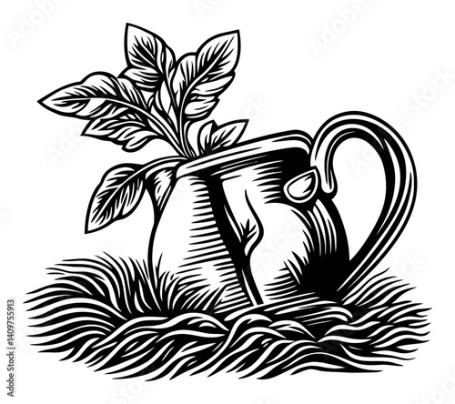 Woodcut Illustration of a Watering Can with Leaves and Grass