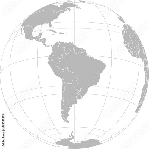 World vector map with country boundaries and graticules (South America-centered view, orthographic projection, PPT-compatible & fully editable)
