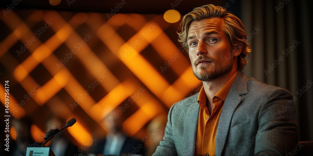 A man in a suit and tie sits in a courtroom
