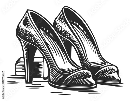 Elegant High Heels Woodcut Illustration for Fashion and Design