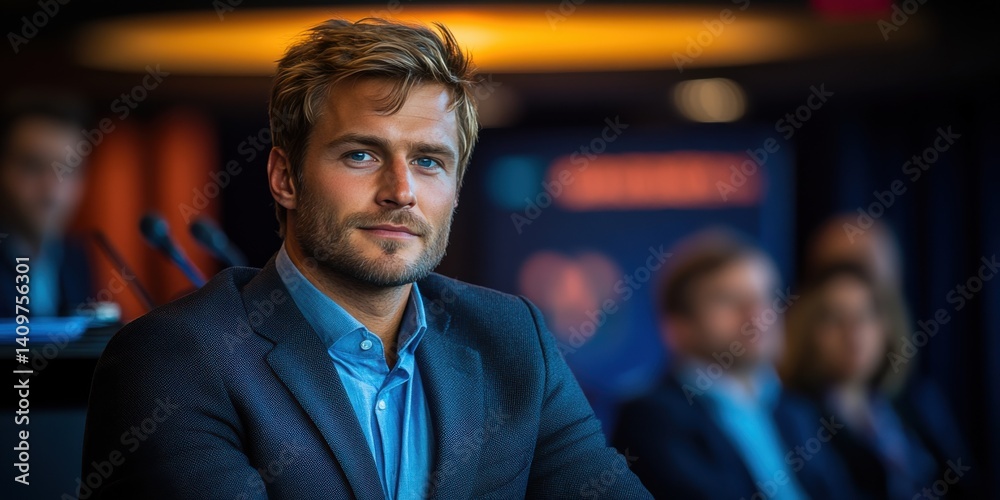 A man in a suit is sitting in front of a group of people