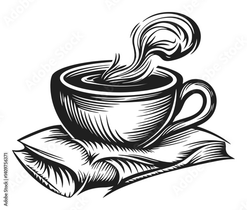 Vintage Woodcut of Coffee Cup with Steam on Open Book