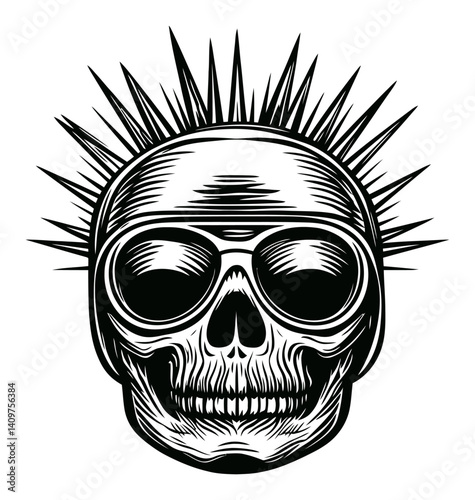 Bold Woodcut Design of a Skull with Spikes and Sunglasses
