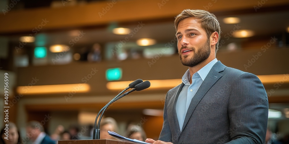 A man stands behind a podium and speaks into a microphone