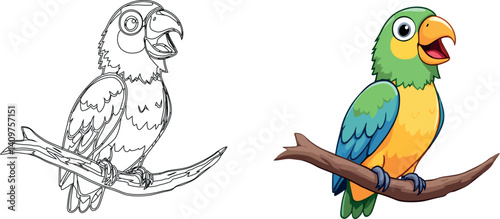 Vsai colorful parrot sitting and singing on a branch with line art version