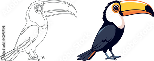 Vsai colorful toucan and line art version standing side by side