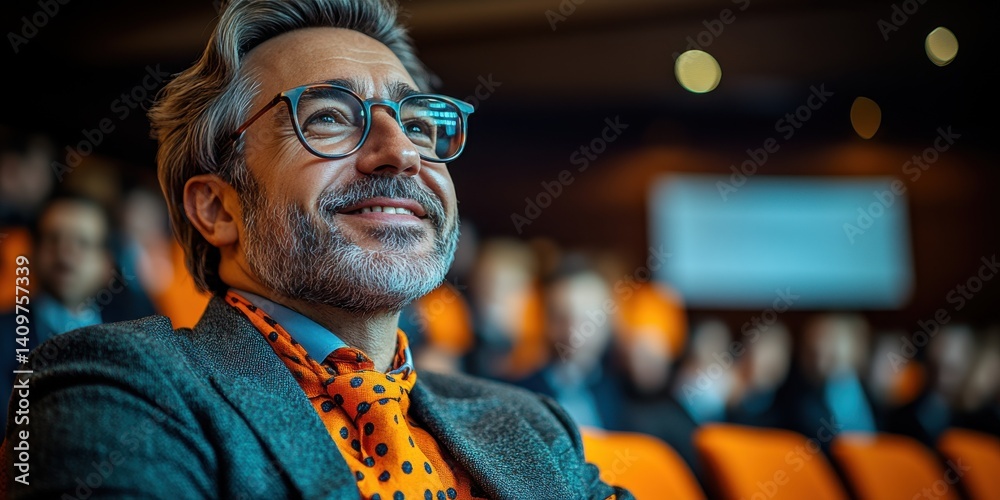 male marketing executive sharing insights at a conference, wearing a modern blazer