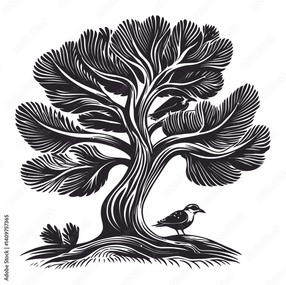 Fototapeta premium Detailed Black and White Woodcut of a Tree and a Bird
