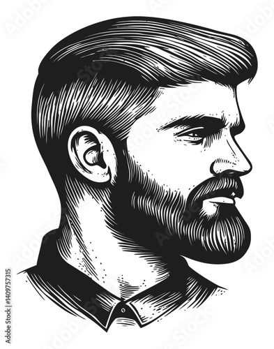 Detailed Woodcut Illustration of a Man with Beard in Profile View