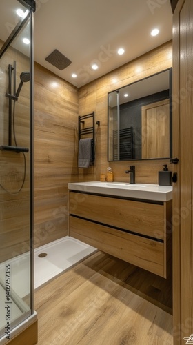 Modern bathroom interior with wooden walls vanity mirror and shower cabin.